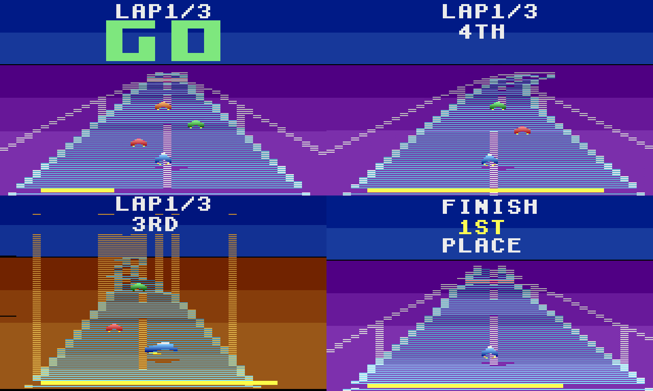 Four frames of SHOCKWAVE running on an Atari 2600: the start countdown, mid-race in fourth place, the canyon track, and the finish in first.