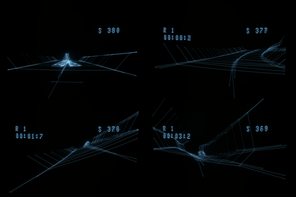 Four moments of SHOCKWAVE running on a real Vectrex: the start grid and three points along a lap, drawn in glowing vector lines on black.