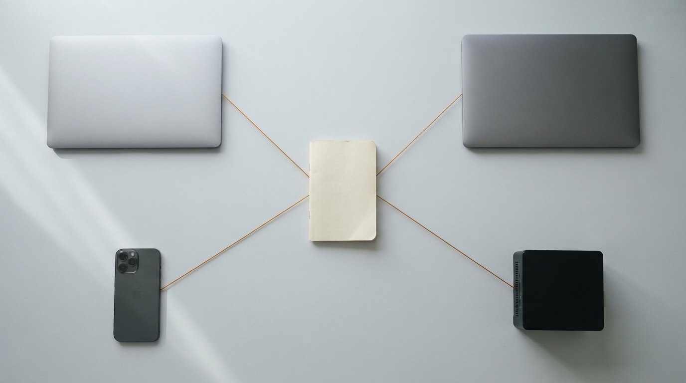 Two laptops, a phone and a small build computer on a grey desk, each tied by an amber thread to one paper notebook in the middle.